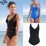 LI-FI Solid One Piece Swimsuit Women Swimwear Monokini Swimming Suit Retro Vintage Bathing Suit Beachwear Slim Swim Wear M~2XL