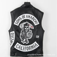 Motorcycle Jacket 2021 New Fashion Sons Of Anarchy Embroidery Leather Rock Punk Vest Cosplay Costume Black Color Motorcycle Sleeveless Jacket