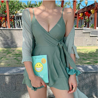Swimwear Women's 2020 Summer Bathing Suit Push Up One Piece Swimsuit Belt Solid Korea Swimwear Swimsuit Women with Skirt Swim Suit Dress