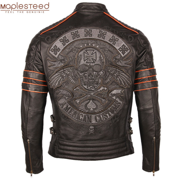 Motorcycle Jacket Black Embroidery Skull Motorcycle Leather Jackets 100% Natural Cowhide Moto Jacket Biker Leather Coat Winter Warm Clothing M219