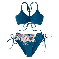 Swimwear Reversible Bottom Bikini Sets Swimsuit Women Sexy Navy and Floral Lace Up Two Pieces Swimwear 2021 Beach Bathing Suits