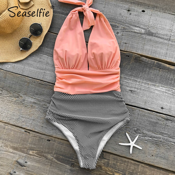 Swimwear Women Sexy Pink and Stripe Halter Deep V-neck One-Piece Swimsuit Women Padded Monokini 2021 Beach Bathing Suit Swimwear