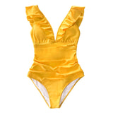 Swimwear Women Solid Yellow V-neck Ruffled One Piece Swimsuit Women Monokini Swimwear 2021 Sexy Lace Up Beach Bathing Suit Beachwear