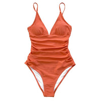 Swimwear Sexy Solid Orange Shirring V-neck One-Piece Swimsuit Women Monokini 2021 Beach Bathing Suit Swimwear