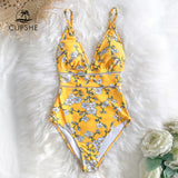Sexy Yellow Pear Blossom Floral Print One-Piece Swimsuit 2021 New Women Boho Bathing Suits Swimwear