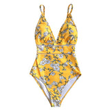 Sexy Yellow Pear Blossom Floral Print One-Piece Swimsuit 2021 New Women Boho Bathing Suits Swimwear