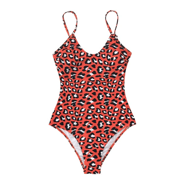 Swimwear Women Red Leopard print V-neck One-Piece Swimsuit Sexy Cutout Padded Women Monokini 2021 New Girls Beach Bathing Suits Swimwear