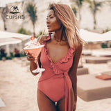 CUPSHE Solid Brick-red V-neck Ruffled One-Piece Swimsuit Sexy Lace Up Women Monokini 2021 New Girls Beach Bathing Suits Swimwear