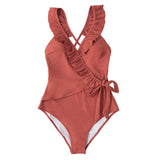 CUPSHE Solid Brick-red V-neck Ruffled One-Piece Swimsuit Sexy Lace Up Women Monokini 2021 New Girls Beach Bathing Suits Swimwear