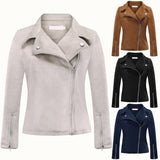 Motorcycle Jacket Women's Zip Up Coat Autumn Winter Suede Clothes Solid Slim Lapel Short Biker Jackets Overcoat Plus Size
