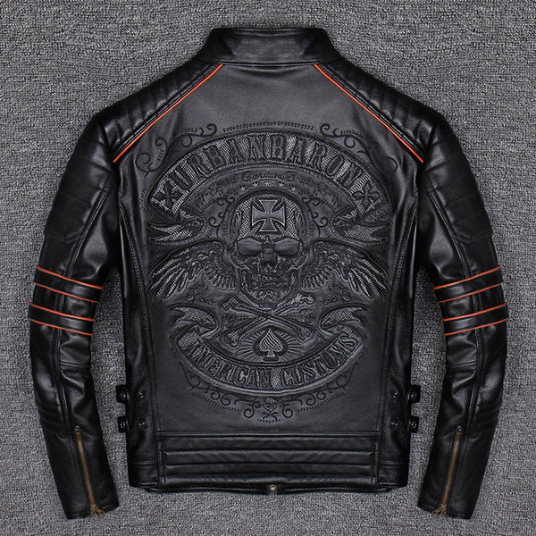 Motorcycle Jacket Spring Autumn Genuine Leather Jacket Men Embroidered Skull Casual Motorcycle Jacket Chaquetas Hombre Clothes Korean 2021 WPY2482