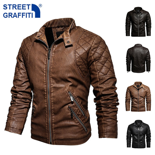 2022 Mens Motorcycle Jacket Autumn Winter Men New Faux PU Leather Jackets Casual Embroidery Biker Coat Zipper Fleece Jacket