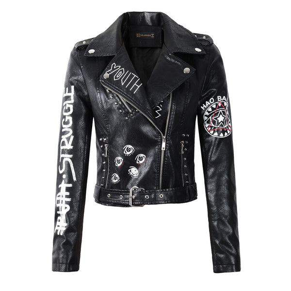 Motorcycle Jacket 2021 Women Autumn Winter Faux Soft Leather Jackets Coats Lady White Black PU Rivet Zipper Epaulet 3D Print Motorcycle Streetwear