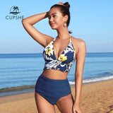 Swimwear Women CUPSHE Navy and Floral Halter High-waisted Bikini Sets Swimsuit For Women Sexy Tank Two Pieces Swimwear 2021 Beach Bathing Suit