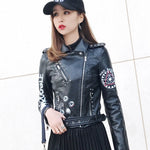 Motorcycle Jacket Autumn Women Female Rivets Letters Print Motorcycle Leather Short Women's Biker Coat Faux Leather Jacket  Punk Outwear