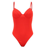 Swimwear Sexy Push Up Swimwear Women's Swimsuits One Piece Red Strap Bodysuit High Cut Bathing Suits Ribbed Swimsuit 2021 New